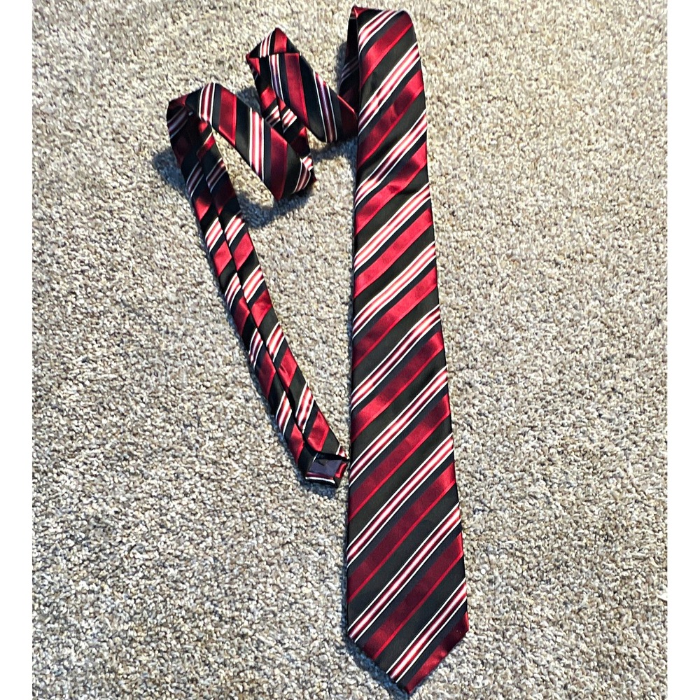 Vitorofolo Men's Woven Silk Striped Tie Red Black White Made in Italy 58"x3.5"